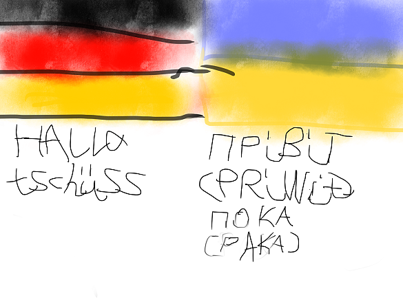 Bild einer deutschen und einer ukrainischen Flagge mit einzelnen Begriffen, die auf deutsch und ukrainisch auftauchen