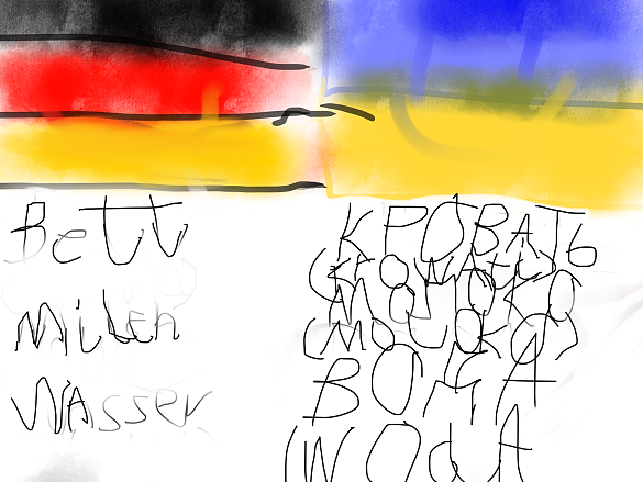 Bild einer deutschen und einer ukrainischen Flagge mit einzelnen Begriffen, die auf deutsch und ukrainisch auftauchen