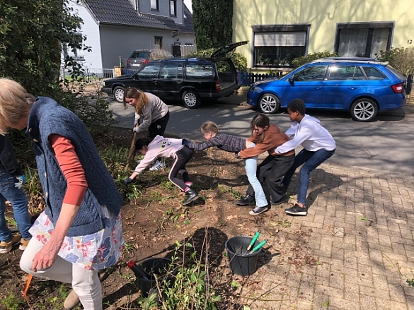Bild von mehreren Kindern, die zusammen eine Wurzel herausrei&szlig;en