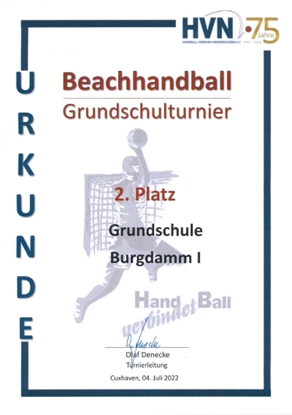 Abbildung der Urkunde zum Beachhandballturnier