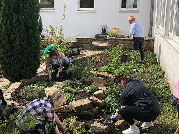 Bild von mehreren Personen, die Gartenarbeit betreiben